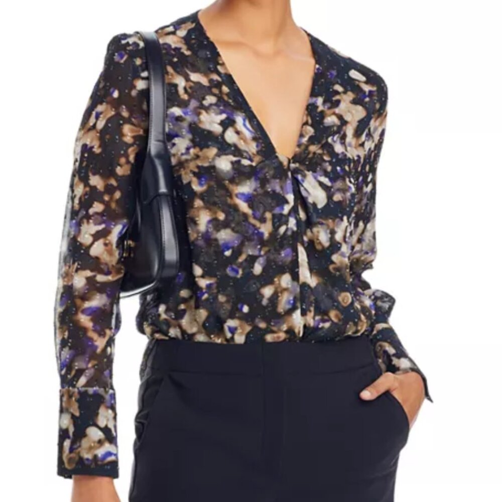 HUGO BOSS Bidinta Twist Front Long Sleeve Viscose Black Print   Shirt Size 14, 6